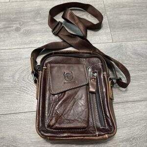 Vtg Bull Captain Leather Crossbody Handbag Brown Pockets Adj Strap Lined Bag